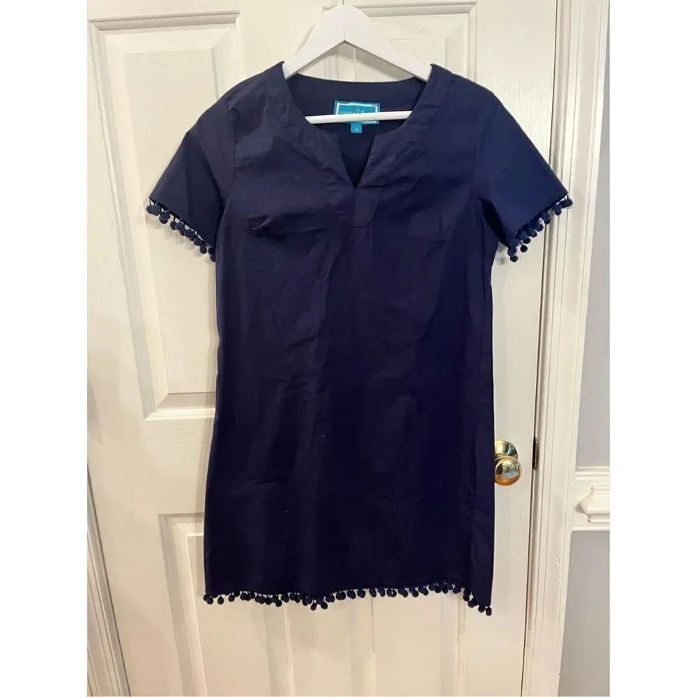 Southern Frock Navy Pom Pom Trim V-Notch Neck Sheath Dress sz M NWOT
